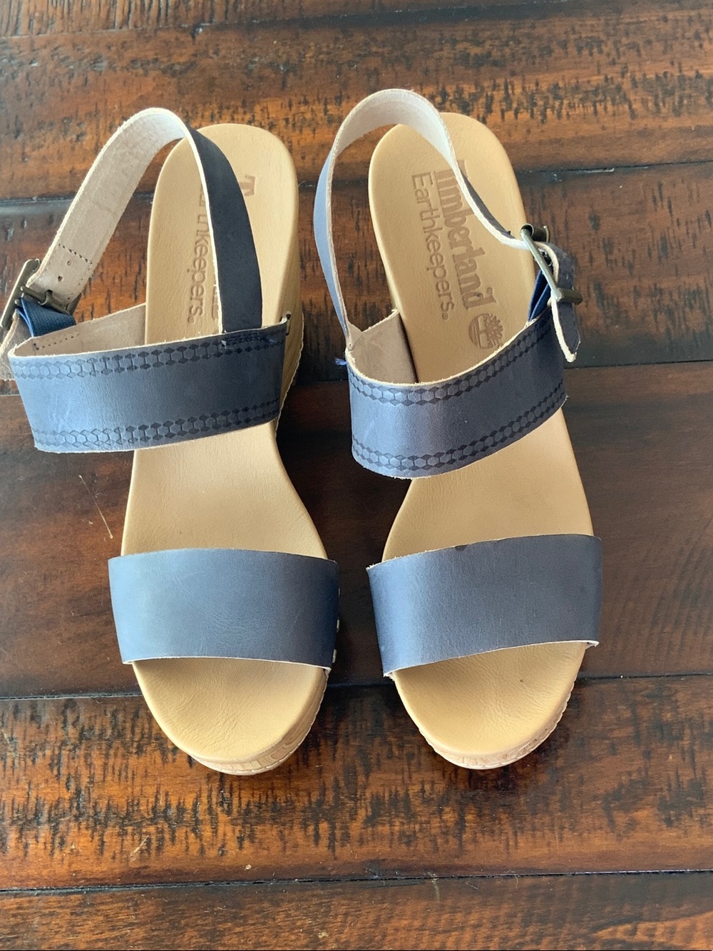 Timberland Navy Leather Slingback platform Sandals with Tan Insole size 8.5